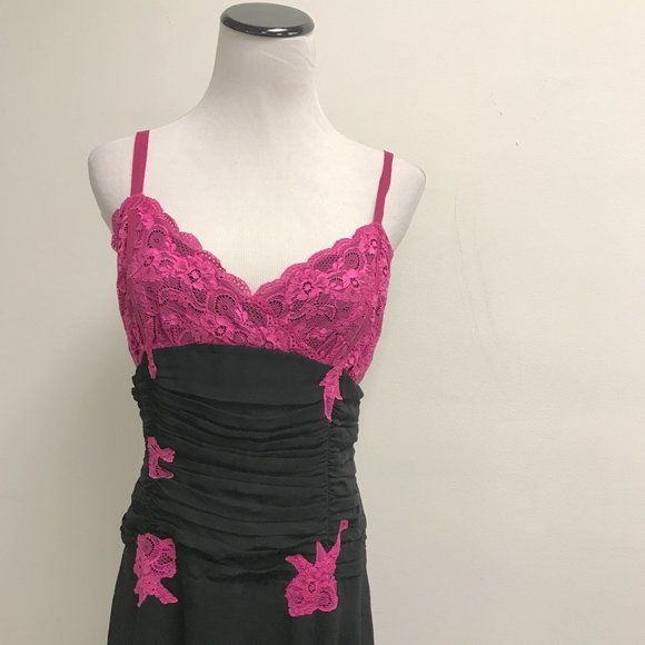 Betsey Johnson Black pink lace spaghetti strap silk midi evening party dress 10 - Picture 3 of 12